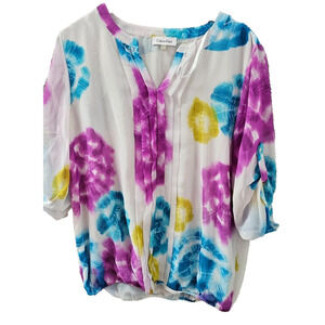 Calvin Klein‎ Ladies Top L Blue Floral Lined 3/4 Sleeve Roll Tab Pleated Front